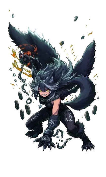 フェンリルのキャラクターイラスト(鎖を噛み千切る狼)